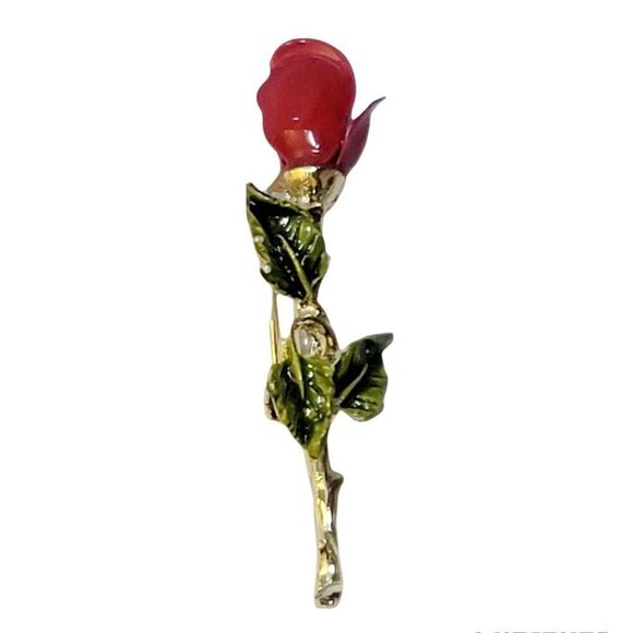 Gorgeous Vintage 2" Long Stem Red Rose Brooch Pin - Picture 2 of 5